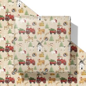 SaringSwoon Farm Christmas Wrapping Paper - Rustic Xmas Gift Wrap with Red Tractors, Farm Animals Like Reindeer Highland Cow, and Christmas Trees for Kids Adults - 40×28 Inches, 4 Folded Sheets