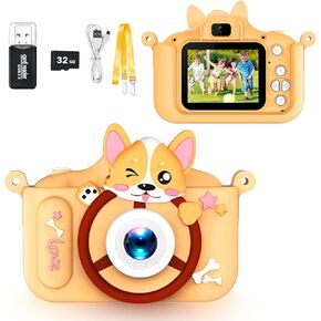 Kids Toy Cameras Toddler Digital Camera, Portable Video Digital Camera for 3-12 Years Old Boys and Girls, Kids Christmas Birthday Gift with 32G SD Card and USB Card Reader (Yellow-Corgi)