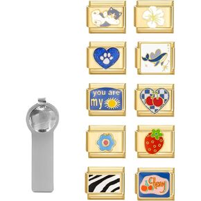 papasgix Italian Charm Bracelet Charms Gold Pack Links Bulk with Opening Tool 9mm Italian Charms Blue Gold Italian Modular Bracelet Links Handmade DIY Jewelry