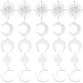 SUNNYCLUE 30Pcs 5 Styles Moon Sun Charms Gothic Moons Charm Brass Platinum White Goth Tarot Space Link Connector Charms for Jewelry Making Charms Women Beginners Earrings Findings Kits Accessories