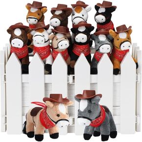 12 Pack Mini Horse Stuffed Animals 4 Inch Mini Plush Doll with Tiny Cowboy Hat and Bandana DIY Crafts for Dollhouse for Adopt a Horse Party and First Rodeo Birthday Party Favor Supplies