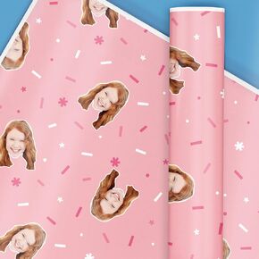 Big Dot of Happiness Personalized Photo Pink Birthday Wrapping Paper, Funny Custom Face Bday Gift Wrap for Girl Birthdays, 24 in x 7 feet (1 Fun Face, 3 Rolls)