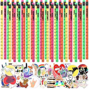 136 Pcs Sign Language Gift Set Including 36 Pcs Sign Language Pencils and 100 Pcs ASL Waterproof Stickers PVC American Sign Language Stickers Incentive Gift for Learning Sign Language