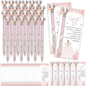 50 Sets Quinceanera Party Favors Sweet 15th Thank You Gifts Big Crystal Diamond Pens with Thank You Cards Retractable Ballpoint Bling Pens 15 Birthday Mis Quince Gifts for Guests (Rose Gold)