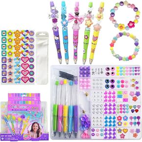 Dupamind DIY Beadable Pens Kit & Bracelet Making Kit with Stickers, Heart Beads, Letter Beads, 5 Pens, 5 Refills, Ideal Birthday Gift for Kids, Girls, Daughter