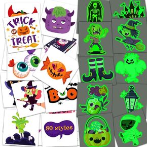 Glow Halloween Tattoos for Kids - 80 Styles,2 inch Halloween Party Favors - Halloween Games Treats Toys Bulk - Halloween Gifts Crafts Party Supplies | Goodie Bag Fillers