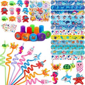 118PCs Under the Sea Party Favors Ocean Sea Animals Keychain Ring Stamps Tattoos Drinking Straws Cute Sea Animal Party Favors for Kids Birthday Party Supplies Goodie Bag Fillers