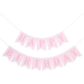Pink Gingham Happy Birthday Banner - Pink and White Birthday Decorations for Girls, Happy 1st Bday Banner, Pimk Theme Bday Background