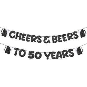 Fulmoon Pre Strung Cheers & Beers to 50 Years Banner Glitter 50th Birthday Party Decorations and 50th Anniversary Sign 50th Wedding Party Supplies Birthday Gifts(Black)
