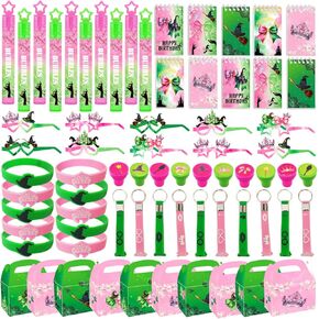 Pink and Green Party Favors Decorations Supplies for Birthday Theme, 70Pcs Wristbands Keychains Gift Goodie Bags Bubbles Stamps Glasses Notebooks for 10 Guests Prizes Stuffers Decor