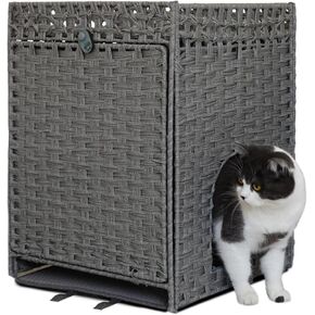 Handwoven Rattan Cat Litter Box Enclosure with Door, Hidden Kitten Washroom with Soft Cat Litter Mat, Indoor Pet House Storage for Living Room, Balcony, Bedroom（Brown）