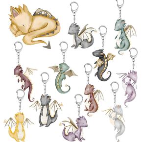 12 PCS Dragon Keychain, Watercolor Dragon Party Favors Magical Dragon Birthday Party Decoration Whimsical Dragon Party Supplies Dragon Key Ring for Kids Classroom School Prizes Rewards