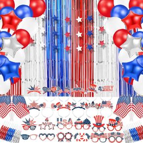 4th of July Party Decoration, Independence Day Party Favors Set 153 Pcs Patriotic Accessories Bulk Includes Balloons, Headbands, Glasses, USA Flag, Streamers, Banner, Red White Blue