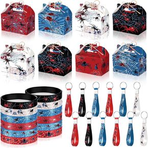 40 Pieces Spider Birthday Party Decoration Set Spider Gifts Goodie Treat Boxes Gable Candy Boxes with Handles Rubber Bracelets Wristlet Keychain Spiderweb Gift Cards for Birthday Party Supplies Favors