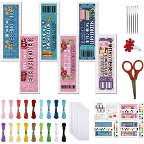 FREEBLOSS 6 PCS Cross Stitch Bookmark Kits for Beginner Book Club Stamped Cross Stitch Kit DIY Embroidery Bookmark Kit with Instructions 8'' x 2.4''
