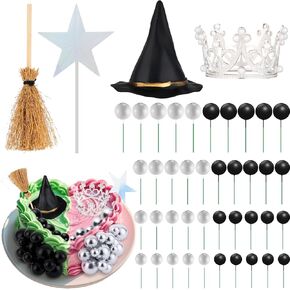 44 Pcs Witch Cake Topper Black and Sliver Balloons Cupcake Toppers Witch Cake Decorations Mini Balloons, Silver Topper Crown, Women Witch Hat, Star Cupcake Toppers for Birthday Party Cake Favors