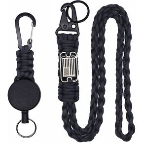 2 Pcs Retractable Keychain, Heavy Duty Carabiner Badge Holder with Extendable ID Clip Reel, USA Flag Paracord Lanyard, Steel Cable & Parachute Rope Necklace
