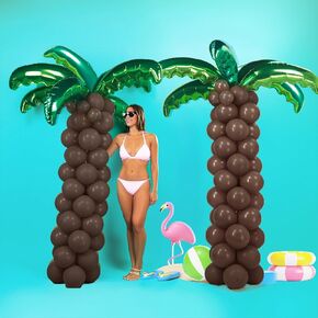 Tropical Palm & Coconut Trees Balloons - 12 Foil Green & 10 Latex Brown & Deep Brown Magic Balloons - Suitable for Hawaii Luau Party, Birthday, Baby Shower
