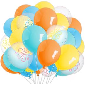 60Pcs Cartoon Sponge Party Balloon Bikini Flower Bubble Printed Latex Balloon Teal Blue Orange Yellow Clear Balloons for Birthday Baby Shower Party Decor, 12 in