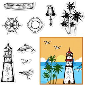 Navigation Clear Stamps for Card Making Palm Tree Clear Rubber Stamps Lighthouse Transparent Rubber Seal Stamps for DIY Photo Scrapbooking Paper Card Album Crafting Supplies