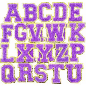 Jongdari Chenille Iron on Letters for Clothing, Glitter Varsity Alphabet Patch Sewing Appliques with Ironed Adhesive - 26pcs, Purple