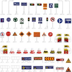 NUOBESTY 56 Pcs Barricade Toys Road Tape Traffic Light Toy Car Garage Traffic Road Toy Traffic Signs Cars Micro Toys Road Construction Traffic Signs Props Miniature Plastic Child