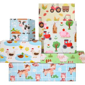 Farm Wrapping Paper Kids Boys Girls, Farm Animal Cow Pig Horse Duck Pets Tractor Wrapping Paper, 20 x 28 inches per Sheet, Folded Flat 12 Sheets Gift Paper for Baby Shower Birthday Party Supplies