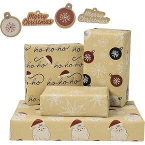 BIOBROWN Kraft Christmas Wrapping Paper Large Sheet with Gift Tags Bear Design for Christmas Folded Flat 27.5 inch X 39.4 inch per Sheet Total 4 Sheets