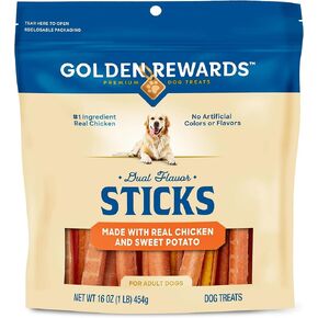 Golden|Rewards Dual Flavor Dog Treat Sticks, Resealable 16 oz Bag, Real Chicken and Sweet Potato, No Artificial Colors or Flavors, No Corn or Soy, High Protein, Low Fat, Soft Texture, for Adult Dogs