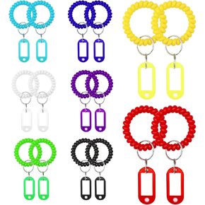 48 Pack Colorful Wristband Keychains & Key Tags Set Plastic Coil Stretch Elastic Spring Spiral Key Ring Wrist Bracelet Keychain with Label Hair Tie for Gym Pool ID Badge Sauna Outdoor Activities