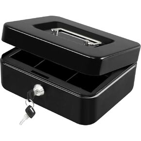 Locking Cash Box with Coin Tray & Handle – Money Box for School Fundraisers, Classrooms, and Educational Events – Durable Saving Organizer – Black, 7.87"x 6.30"x 2.2"