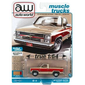 1987 Chevy Silverado R10 Fleetside Pickup Truck Tan & Bright Red Muscle Trucks Limited Edition 1/64 Diecast Model Car by Auto World 64362-AWSP101 A