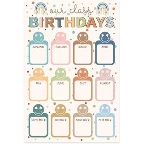 Happy Face Birthday Chart Poster Boho Color Smile Face Birthday Chart Calendars for Back to School Bulletin Board Chalkboard Wall Decor, 11 x 16.5 Inch