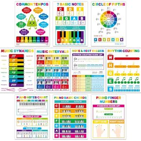 10 PCS Piano Music Chords Cheat Sheets Poster Set Laminated Piano Chord Posters Circle of Fifths Chart Pianos Rhythm Chart Poster Educational Music Classroom Decors for Beginners Musical Theory
