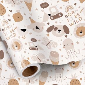 RUSPEPA Baby Wrapping Paper Roll for Boys Girls, Mini Roll, Born to Be Wild Theme with Animal, Star and Truck Gift Wrap for Newborn, Gender Neutral Baby Shower, Frist Birthday, 17 Inches x 16.4 Feet