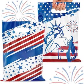 GLURUITE 4th of July Plastic Treat Bags 50pcs Patriotic Gift Bags with Handles for Independence Day Memorial Day Veterans Day Decorations Party Supplies