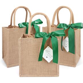 6 Pack Burlap Tote Bags with Handles Reusable Small Jute Gift Bags with Light Beige Silk Ribbons Waterproof Lining for Wedding Bridesmaid Mother's Day Bachelorette Beach Party