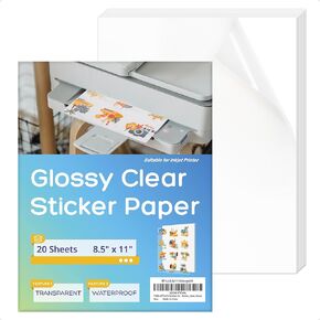 Clear Printable Vinyl Sticker Paper for Inkjet Printers – 8.5 x 11 Inches, 20 Sheets – Transparent Waterproof Sticker Sheets for DIY Labels