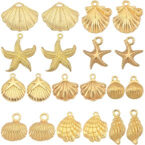 SUNNYCLUE 1 Box 60Pcs 10 Styles Seashell Charms Gold Starfish Charm Bulk Alloy Conch Summer Ocean Life Theme Sea Animals Beach Charms for Jewelry Making Charms Necklace Bracelet Earrings Crafting DIY