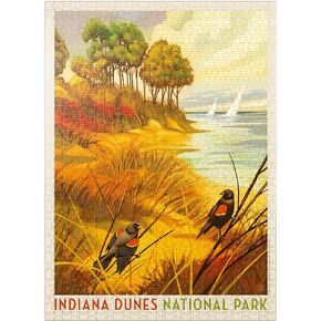 MyPuzzle Indiana Dunes National Park: Red-Winged Blackbirds, Vintage Poster - Premium 1000 Piece Jigsaw Puzzle for Adults