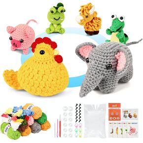 7SHAAARKS Crochet Kit for Beginners | Set of 6 Animal Crochet Kit with Yarn & Video Tutorials, Includes Frog, Crocodile, Rooster, Elephant, Yak & Piglet, Easy DIY Amigurumi Gift for Teens & Kids