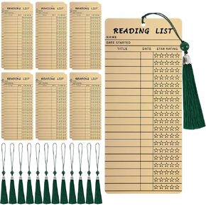 Book Lover Gifts, Vintage Bookmarks,12 PCS Reading List Bookmark with 12 PCS Green Tassels, Book Tracker Bookmarks, Book Club Party Favors, Library Card, Book Party Deacoration, Library Supplies