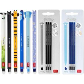 LEGAMI - Set of 6 Erasable Gel Pens + 6 Refills, with Thermosensitive Erase Ink, Black & Blue Ink, 0.7mm Tip, Panda, Cat, Bee, Shark, Elephant, & Hippo Design