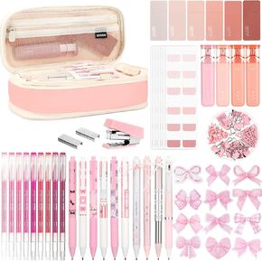 Eersida 58 Pcs Coquette Aesthetic School Office Supplies with Large Pencil Pouch Ink Gel Pens Highlighters Pink Bow Sticky Notes Color Pens Stapler Set for Student Stationary