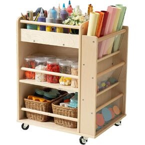 Wooden Art Cart, Birch Craft Cart with Wheels, Multi-Functional Mobile 3-Tier Art Cart Organizer for Kids, Art and Crafts Supply, Montessori Furniture for Office, Nursery, Living Room
