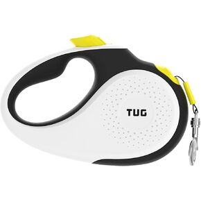 TUG 360° Tangle-Free Retractable Dog Leash with Anti-Slip Handle | 16 ft Strong Nylon Tape | One-Handed Brake, Pause, Lock (Medium, White/Neon Yellow)