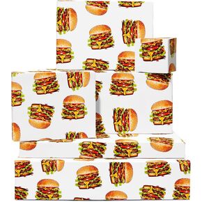 CENTRAL 23 Burger Wrapping Paper - 6 Sheets Of Funny Gift Wrap - Hamburger - White Birthday Wrapping Paper For Men And Women - Comes With Stickers