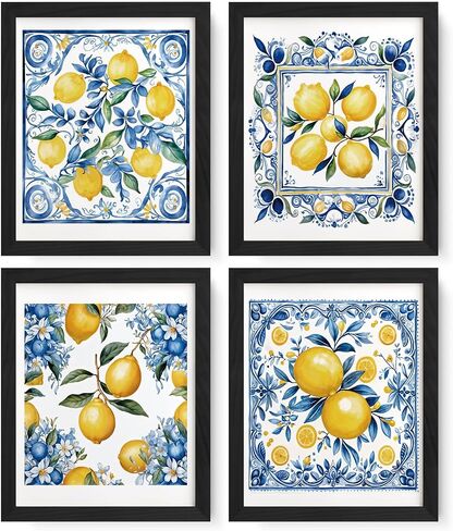 JXREQ Blue Chinoiserie Mediterranean Lemon Wall Wall Decor for Home Kitchen غرفة المعيشة غرفة الطعام الحمام ، ديكور حفلات الليمون المتوسطية ، 8 × 10 بوصة دون إطاره in Kuwait