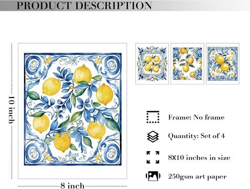 JXREQ Blue Chinoiserie Mediterranean Lemon Wall Wall Decor for Home Kitchen غرفة المعيشة غرفة الطعام الحمام ، ديكور حفلات الليمون المتوسطية ، 8 × 10 بوصة دون إطاره in Kuwait