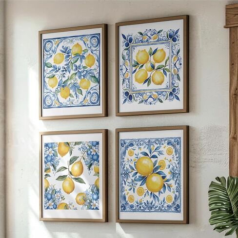 JXREQ Blue Chinoiserie Mediterranean Lemon Wall Wall Decor for Home Kitchen غرفة المعيشة غرفة الطعام الحمام ، ديكور حفلات الليمون المتوسطية ، 8 × 10 بوصة دون إطاره in Kuwait